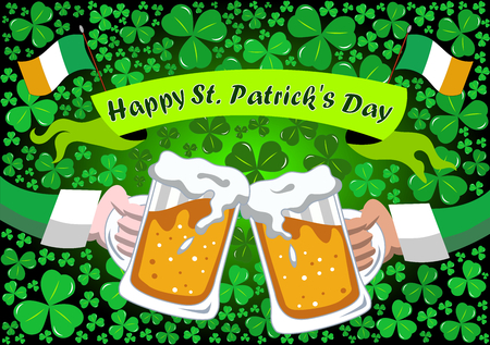 Two arms clinking their beer steins for st. Patricks or Saint Patrick s Day celebration against background of shamrocksのイラスト素材