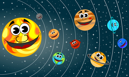 Happy cartoon planets of Solar System orbit the Sun in the spaceのイラスト素材