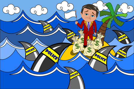 Surrendered Tax Evader waving white flag on offshore tax haven surrounded by policeのイラスト素材