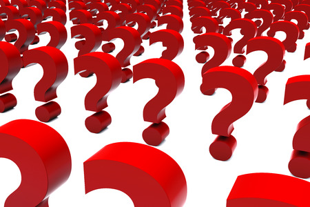 3d Illustration featuring red question marks aligned and upright placed on white