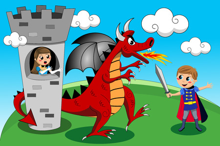 Medieval knight sword fighting against red dragon for releasing cute worried princess in the towerのイラスト素材
