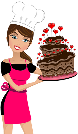 Smiling woman chef holding a multilayer chocolate cake decorated with hearts isolatedの写真素材