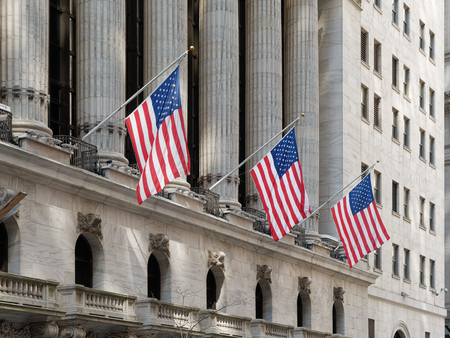 New York City, USA - Apr 2018: facade of the New York Stock Exchange building in lower Manhattan,...