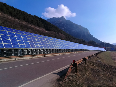 Solar panels along road or highwayの写真素材