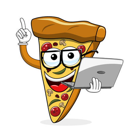 Pizza slice cartoon funny laptop computer isolated on whiteのイラスト素材