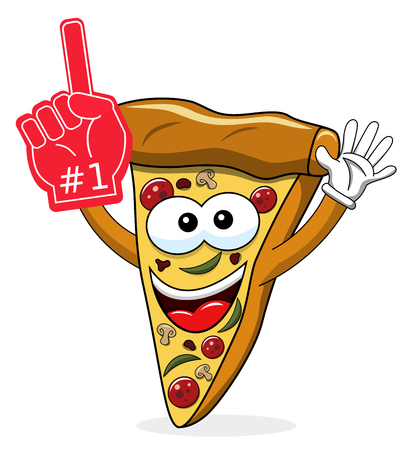 Pizza slice cartoon funny exulting number one glove supporter fan isolated on whiteのイラスト素材
