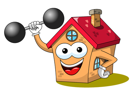 Happy house cartoon funny character sport gym weightlifter isolated on whiteのイラスト素材