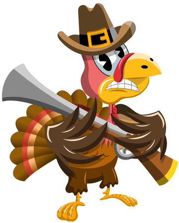 Cartoon Thanksgiving Threatening Turkey with Rifle isolatedのイラスト素材