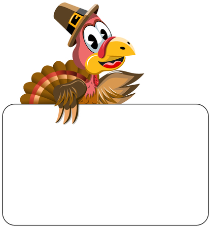 Cartoon turkey with pilgrim hat behind blank banner isolatedのイラスト素材
