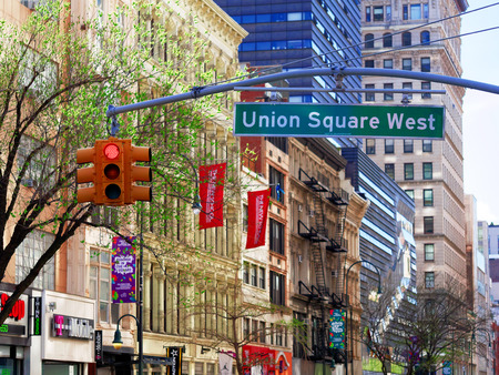 New York City, USA - April 2018: Union Square West signboard manhattan new york city USA or America