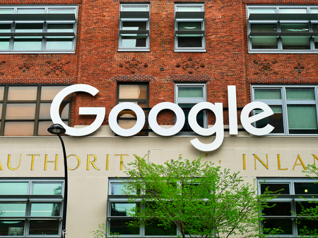 New York City, USA - May 2018: Google headquarter Building sign logo in Manhattan
