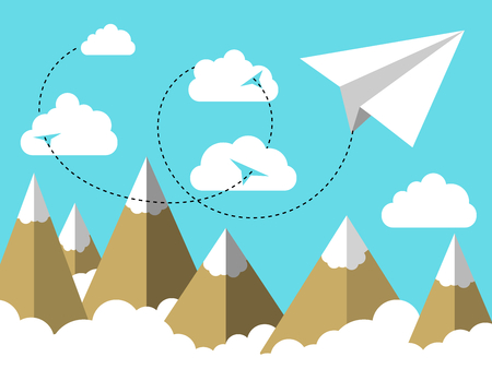 Flat illustration of Airplane or plane paper flying in the sky above clouds and over mountain landscapeのイラスト素材