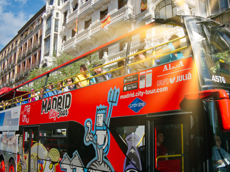 Madrid, Spain - May 2019: Double decker touristic bus in downtown