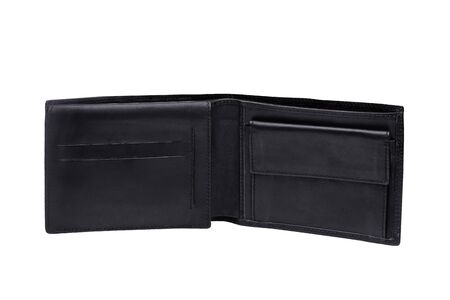open empty black feather wallet isolated on white