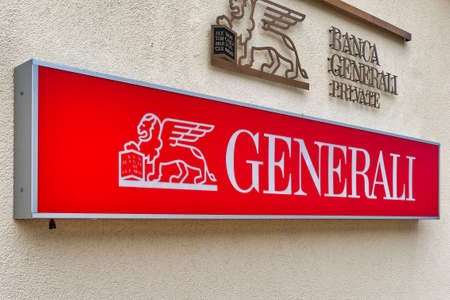 Castelrotto, Italy - August 2020: Logo and sign of Generali large insurance company signのeditorial素材