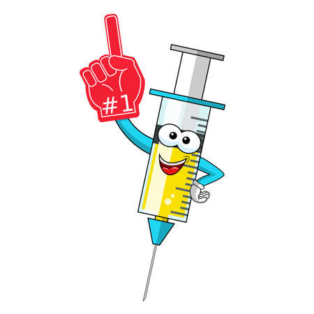 Smiling cartoon character mascot medical syringe vaccine thumb up vector illustration isolatedのイラスト素材