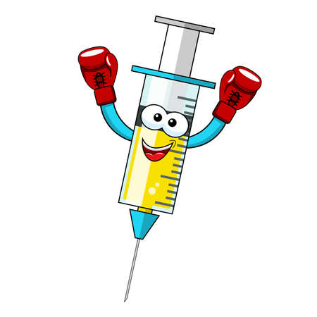 Smiling cartoon character mascot medical syringe vaccine winner boxer concept vector illustration isolatedのイラスト素材