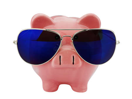 piggybank with sunglasses isolated on whiteの写真素材