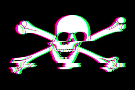 Digital glitch screaming skull illustration in the style of old TV and VHS mode rgb mode damaged signal.の写真素材