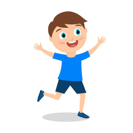 happy cute little boy running with spread arms isolated on white vector illustrationのイラスト素材