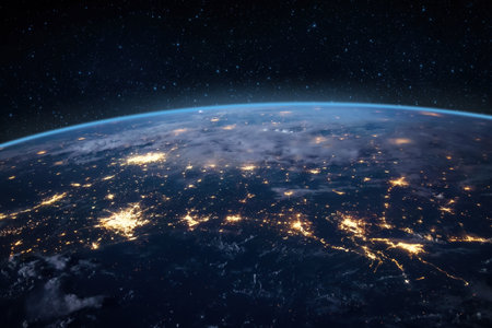 Atmosphere of the Earth from space view of planet Earth. City lights.の写真素材