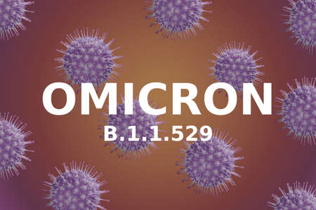 Omicron COVID-19 variant poster, panoramic banner with coronavirus germs. Microscopic view of coronavirus in cell. Concept of science virologyの写真素材