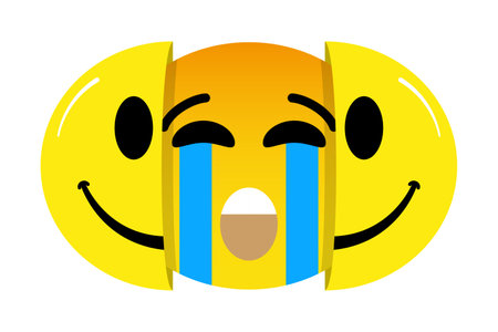 Pretending happiness and hiding suffering concept emoticon emoji vector isolated.のイラスト素材