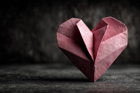 close-up of a red origami paper heart sculpture placed on a dark surface, symbolizing handmade romance, passion, and creative design. ai generated.の素材