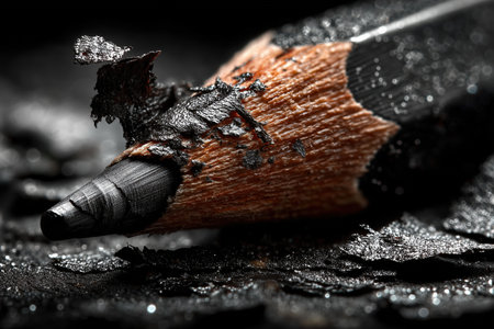 close up macro capture of a sharpened black pencil with broken wooden fragments and dark artistic background, symbolizing school and study themes. ai generated.の素材