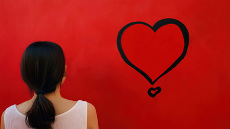 creative conceptual image of a woman with her back turned to a bright red wall featuring a large bold black heart outline, symbolizing passion and relationships. ai generated.の素材