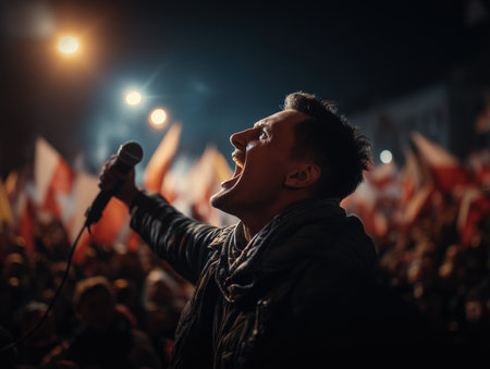a man passionately shouting into a microphone during a night political rally with flags and crowds in the background, symbolizing activism, leadership, and political energy. ai generated.の素材