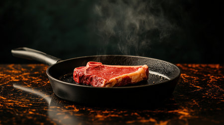 a raw steak frying in a pan with visible smoky steam rising, creating a dramatic and appetizing visual perfect for culinary themes. ai generated.の素材