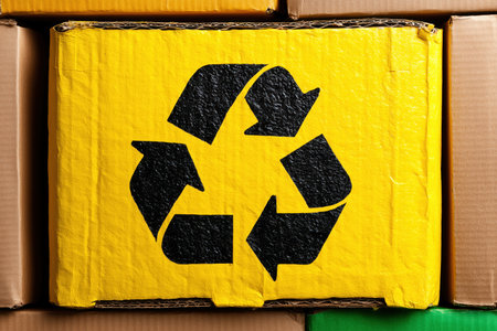 yellow cardboard box painted with a bold black recycle symbol, emphasizing packaging sustainability and eco awareness. ai generated.の素材
