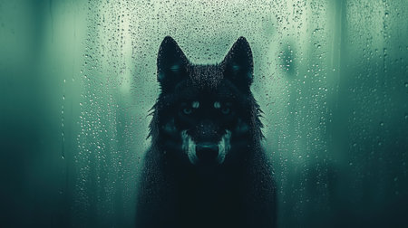 A striking image of a wolf with intense eyes, partially obscured by raindrops on glass. The dark and moody atmosphere creates a sense of mystery and intrigue.ai generated.の素材