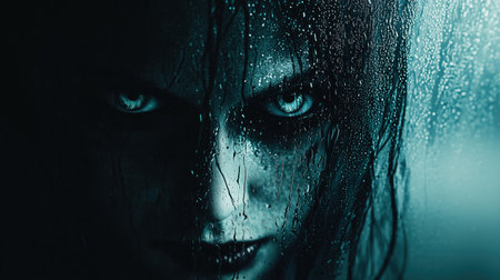 A close-up portrait of a mysterious woman with wet hair, staring intensely through a foggy surface. The eerie atmosphere is enhanced by the dark lighting and droplets of water, creating a haunting effect.ai generated.の素材