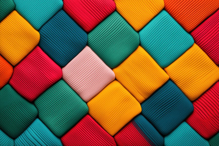 A vibrant arrangement of knitted textiles showcasing various colors and textures. This image highlights the intricate patterns and cozy feel of fabric, perfect for fashion or home decor themes.ai generated.の素材
