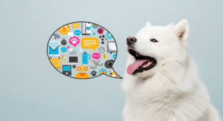 A fluffy Samoyed dog with its mouth open, appearing to communicate through a colorful speech bubble filled with various icons. This playful image captures the essence of pet communication and expression. ai generated.の素材