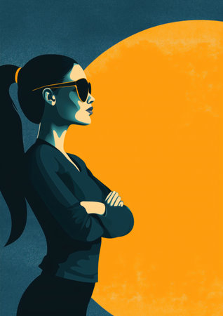 A modern illustration of a confident woman wearing sunglasses, standing with her arms crossed. The vibrant background features a large circular shape, adding a dynamic contrast to the image. ai generated.の素材