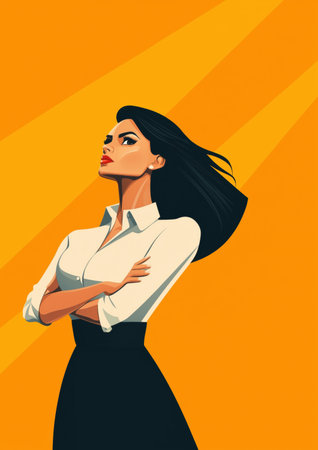 This vibrant illustration features a confident businesswoman with crossed arms, set against a bright yellow background. The artwork captures a sense of empowerment and professionalism, making it ideal for themes related to leadership and success. ai generated.の素材
