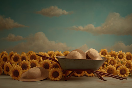 A charming still life featuring a wheelbarrow filled with garden hats, surrounded by vibrant sunflowers. The soft blue sky and fluffy clouds create a serene backdrop, perfect for themes of gardening and nature. ai generated.の素材