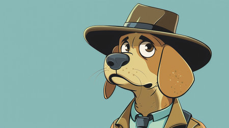 This illustration features a cartoon dog character dressed as a detective, complete with a hat and trench coat. The playful design and expressive features make it ideal for various creative projects. ai generated.の素材