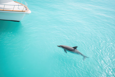 A dolphin gracefully swims near a boat in crystal clear turquoise waters. This serene scene captures the beauty of marine life and the tranquility of ocean environments. ai generated.の素材