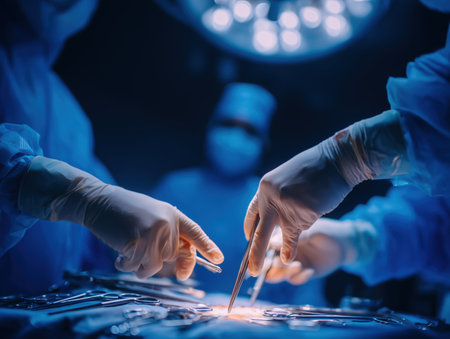 A close-up view of surgeons in scrubs and gloves performing a surgical procedure in an operating room. The scene is illuminated by surgical lights, highlighting the precision and teamwork involved in surgery. ai generated.の素材