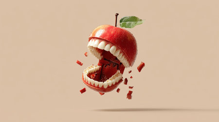 A surreal representation of a red apple with an open mouth and teeth, showcasing a playful and imaginative concept. The apple appears to be bursting with pieces, adding a dynamic and artistic touch to the composition. ai generated.の素材