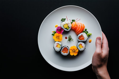 A beautifully arranged plate of sushi featuring various rolls, fresh salmon, and edible flowers. The dark background enhances the vibrant colors of the dish, making it visually appealing and perfect for food photography. ai generated.の素材