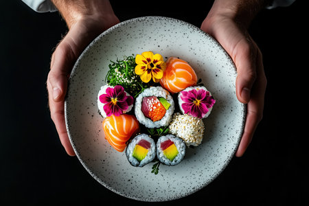 A beautifully arranged sushi platter featuring a variety of sushi rolls and fresh fish. The vibrant colors and floral garnishes create an appealing visual experience, perfect for food photography. ai generated.の素材