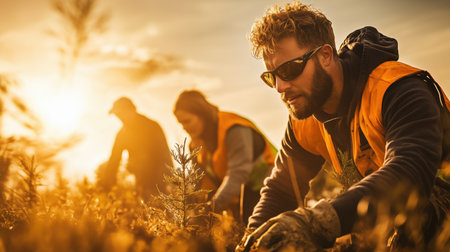 A group of workers in safety vests planting young trees during sunset. The warm glow of the sun creates a beautiful backdrop as they engage in environmental conservation efforts. ai generated.の素材