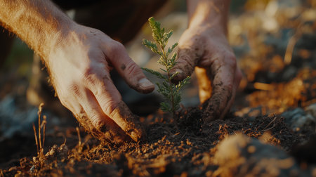 A close-up of hands planting a young tree sapling into the soil. The image captures the essence of environmental conservation and the importance of reforestation efforts. ai generated.の素材