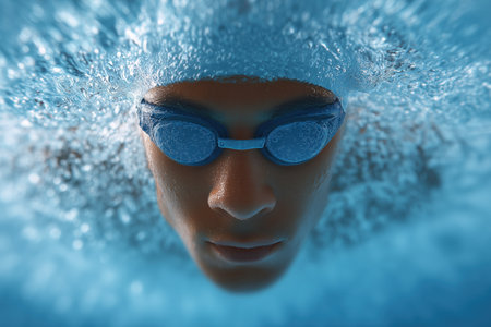 A close-up view of a swimmer submerged in water, wearing goggles. The image captures the dynamic movement of water around the swimmer's face, emphasizing the intensity of the sport. ai generated.の素材