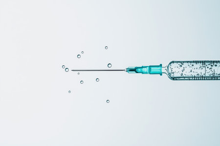 A close-up view of a syringe with droplets of liquid emerging from the needle. The image captures the medical and pharmaceutical theme, suitable for health-related content. ai generated.の素材
